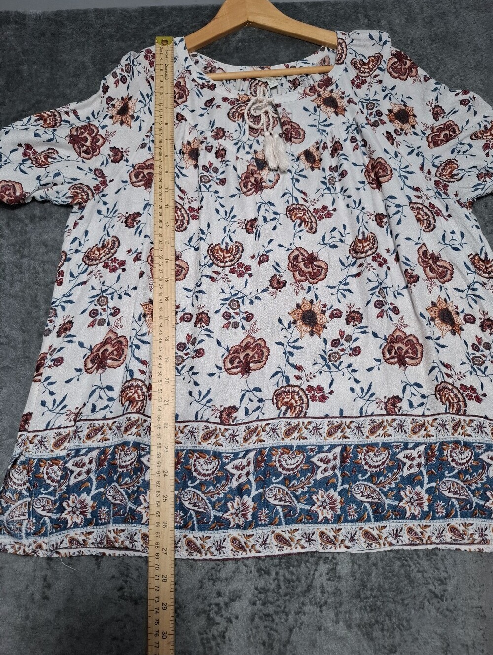 Lucky Brand Womens XL Cream Rust Peasant Boho Top Tassel Tie Paisley Floral - Picture 5 of 10